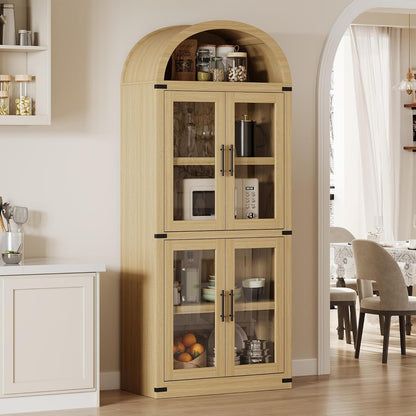 GAOMON 72" Tall Arched Kitchen Pantry Cabinet, Modern Farmhouse Arched Storage Cabinet with Glass Doors, Versatile Cupboard for Kitchen, Dining Room, Living Room, Office and Bathroom, Natural