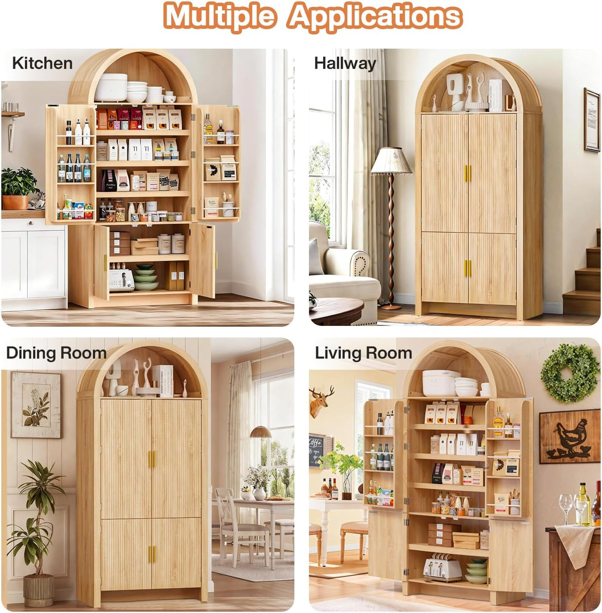 PRETZI 71" Arched Cabinet with Doors, Tall Arched Kitchen Pantry Storage Cabinet and Adjustable Shelves, Modern Fluted Natural Wood Cupboard for Kitchen, Dining Room, Bathroom