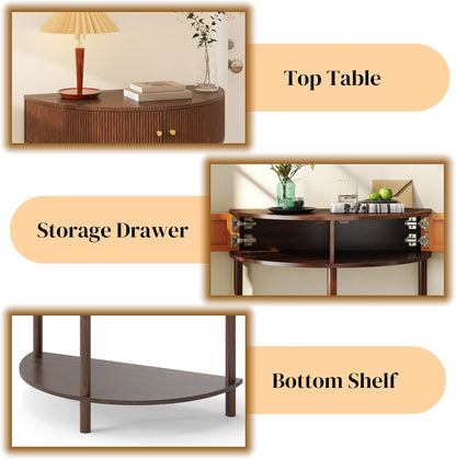 Knocbel Half Moon Console Table with Wave-Pattern Door, Semi-Circle Sofa End Table with 2 Storage Drawers and Bottom Shelf for Entryway Living Room, 31.5" W x 15.75" D x 32.3" H, Brown