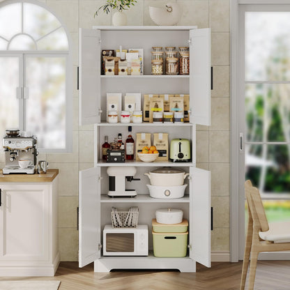 Kitchen Pantry Cabinet, 70in Tall White Storage Cupboard with Doors and Adjustable Shelves, Freestanding Stand Alone Wood Furniture Hutch for Living Room, Bathroom, Home Organization