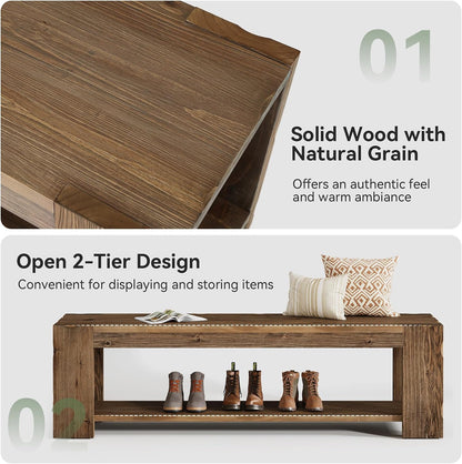 Solid Wood Entryway Bench with Storage Shelf, 55.12-Inch 2-Tier Wood Shoe Bench Seating for Entrance, Hallway, Dining Room, Living Room, Mudroom, Bedroom, Rustic Brown