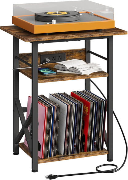 CHOEZON Record Player Stand with Power Outlet, Vinyl Record Storage Side Table, 19" Large Tabletop, Charging Station & Crossed Frame Design for Turntable, Rustic Brown and Black TBZ48UBF