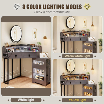 FREDEES Glass Top Makeup Vanity with Mirror and Lights | Corner Makeup Desk with Drawers and Shelves, Vanity Table with Charging Station and Stool for Bedroom/Cloakroom