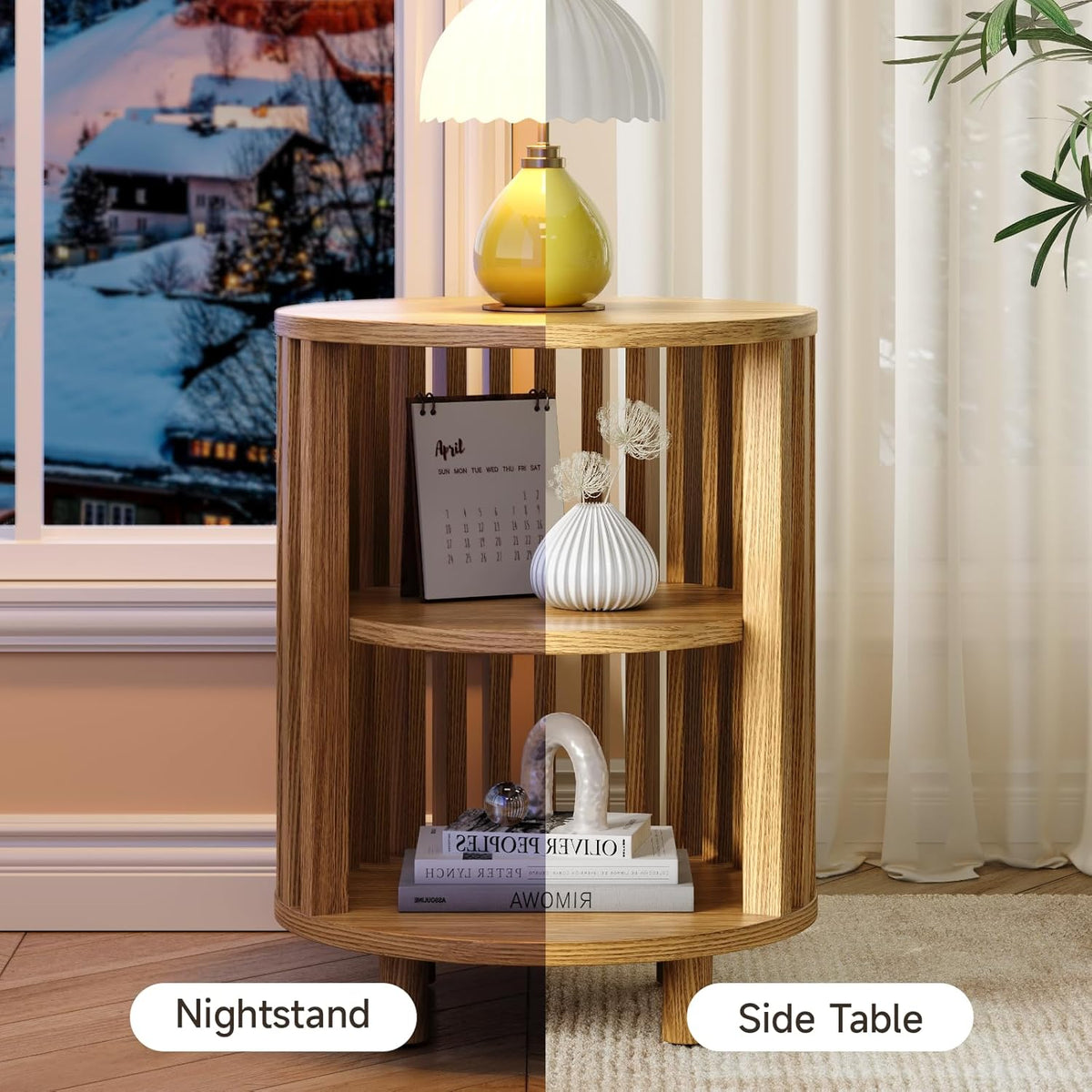Round End Table, Wood Bedside Table, Mid Century Modern Nightstand with Open Storage Shelf, 3 Tier Small Side Tables for Living Room, Bedroom, Curved Profile Design, Natural Oak(1-Pack)