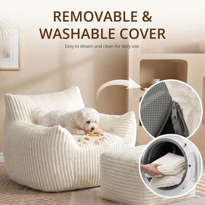 Giant Bean Bag Chair for Adults, Large Bean Bag with Ottoman | Cloud Comfy Bean Bag with Backrest & Armrests, Stuffed Beanbag Chair for Reading, Gaming, Napping, Beige