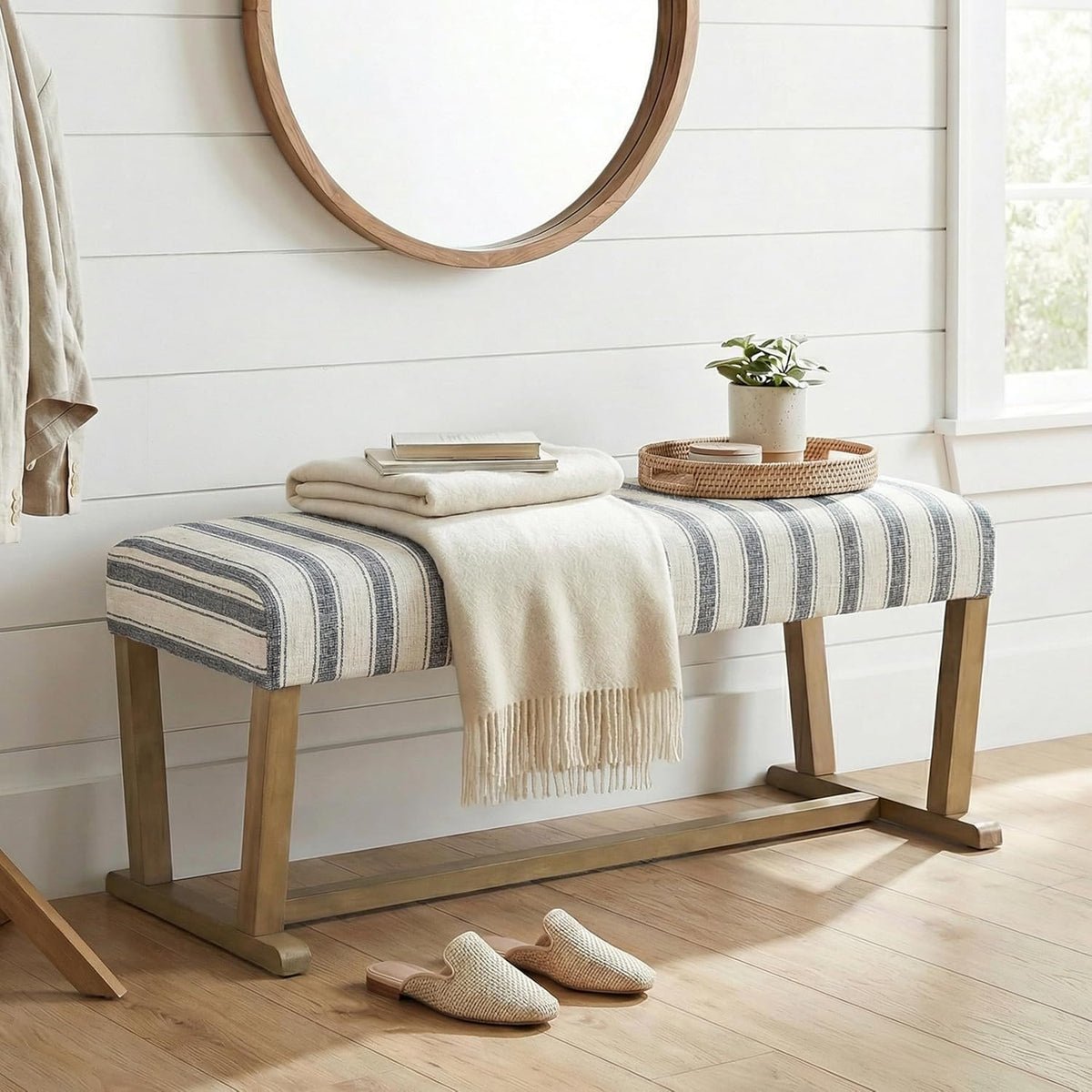 VKNOW 41" Upholstered Entryway Bench, End of Bed Bench with Cushion and Rubber Wood, Kitchen Dining Bench, Striped Bench for Dining Table, Bedroom, Living Room, Grey