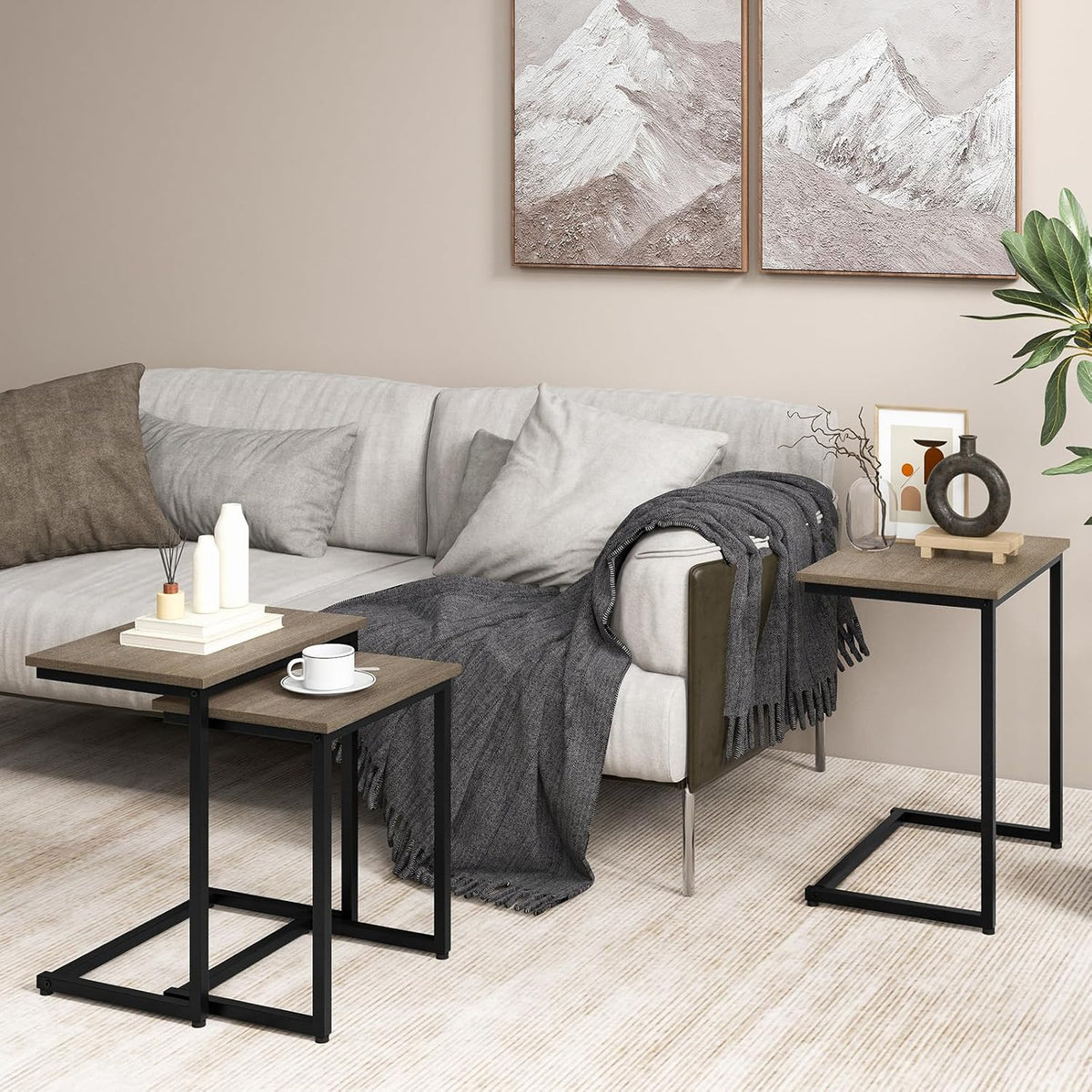 Giantex Nesting Coffee Table Set of 3, Stackable Square End Table w/Wood Grain Tabletop & Heavy-Duty Metal Frame, Farmhouse C-Shaped Accent Table for Small Space, Living Room, Bedroom (Black Oak)