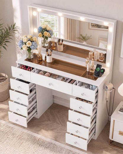 Otterease White Makeup Vanity with Mirror and Lights,11 Drawers & Glass Top | Vanity Desk Table with Charging Station and 10 LED Bulbs, Hair Dryer Holder, for Bedroom