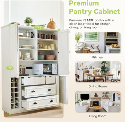 Farmhouse Kitchen Pantry, Sideboard with Power Outlet, Shelves, White | Spacious 53.2"L x 17.7"W x 71"H floor cabinet with 4 foldable doors, built-in power outlet, wine racks, and serving trays