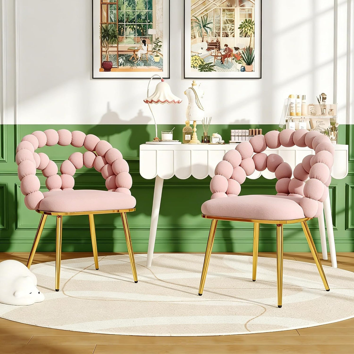 TesNus Velvet Dining Chairs Set of 2, Pink Upholstered Velvet Chairs with Gold Metal Legs, Modern Armchairs with Curved Backrest for Dining Room, Living Room, or Makeup Vanity