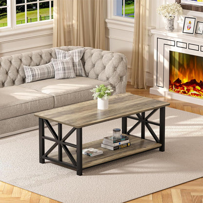 GreenForest Coffee Table for Living Room with Round Corners Farmhouse Style Center Table with Storage Shelf 39 Inch Space Saving Easy Assembly Gray Wash | for Living Room