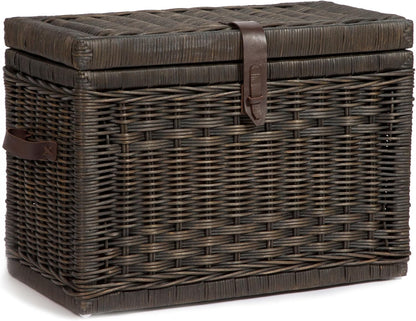 The Basket Lady Wicker Storage Trunk, M, Walnut Brown - fully assembled | Outside: 24" L x 13" W x 18" H | Inside: 22"L x 11"W x 15"H - Fabric lined. Handcrafted by artisans from natural rattan