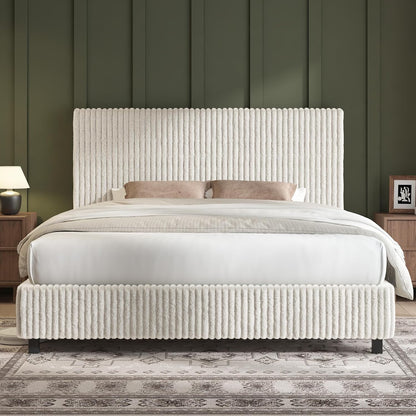 AMERLIFE Full Bed Frame, Upholstered Metal Platform Bed, Cream