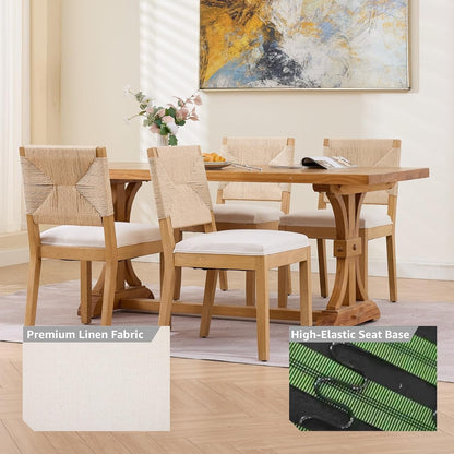 French Country Dining Chairs Set of 4, Beige Farmhouse Wood Dining Room Chairs, Woven Back Linen Upholstered Dining Chair, Solid Wood Legs, Boho Style Kitchen Chairs, Sillas de Comedor