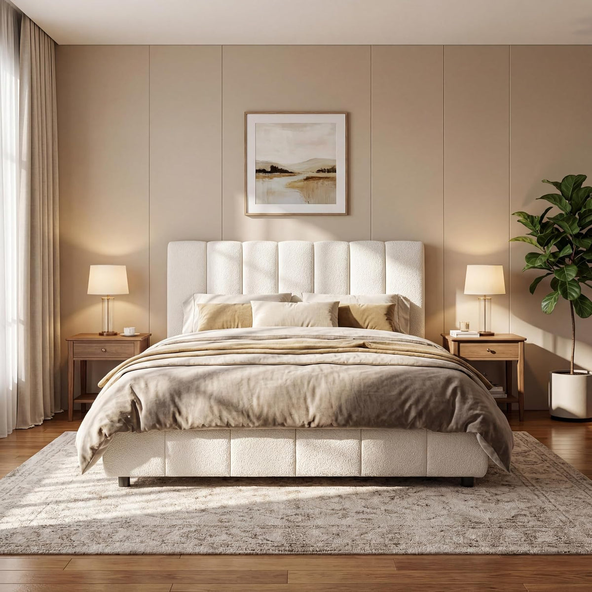 Merax Boucle Upholstered Queen Bed Frame with 42.7" High Headboard & 3.9" Thick, Vertical Stripe Tufting Design, Modern Queen Size Platform Bed, Solid Wood Support Leg, Bear 600Lbs, Off White