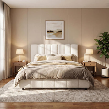Merax Boucle Upholstered Queen Bed Frame with 42.7" High Headboard & 3.9" Thick, Vertical Stripe Tufting Design, Modern Queen Size Platform Bed, Solid Wood Support Leg, Bear 600Lbs, Off White