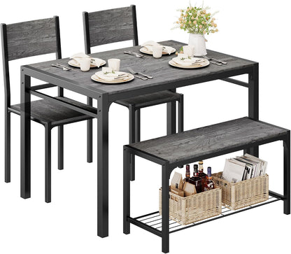 Shahoo Kitchen Table and 2 Chairs for 4 with Bench | 4 Piece Dining Sets for Small Space, Dark Grey