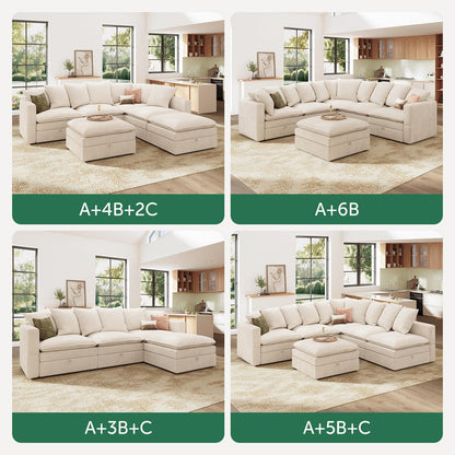 HONBAY Corduroy Ottoman, 31.5 Inch Square Ottoman Bench with Storage for Living Room, Beige