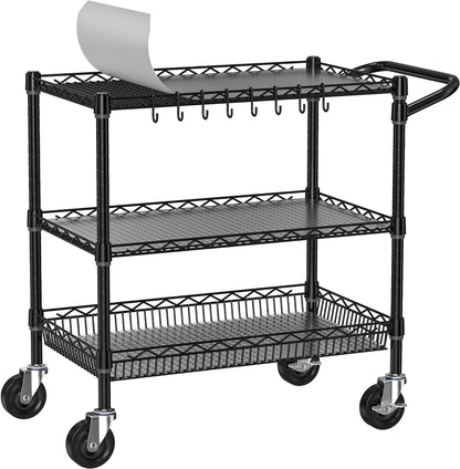 Folews Heavy Duty Rolling Cart with Wheels, 3 Tier Commercial Grade Utility Cart, Metal Storage Organizer Trolley with Handle Bar & Shelf Liner for Pantry, Laundry Room & Household Supplies, Black