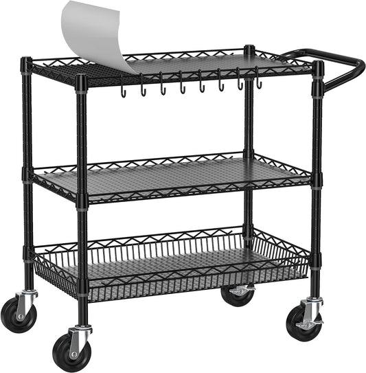 Folews Heavy Duty Rolling Cart with Wheels, 3 Tier Commercial Grade Utility Cart, Metal Storage Organizer Trolley with Handle Bar & Shelf Liner for Pantry, Laundry Room & Household Supplies, Black