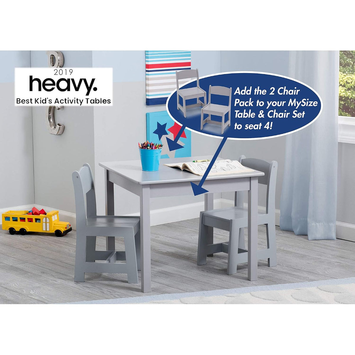 Delta Children MySize Toddler Bed, Grey + MySize Kids Wood Table and 2 Chair Set + MySize Deluxe Toy Box (Bundle)