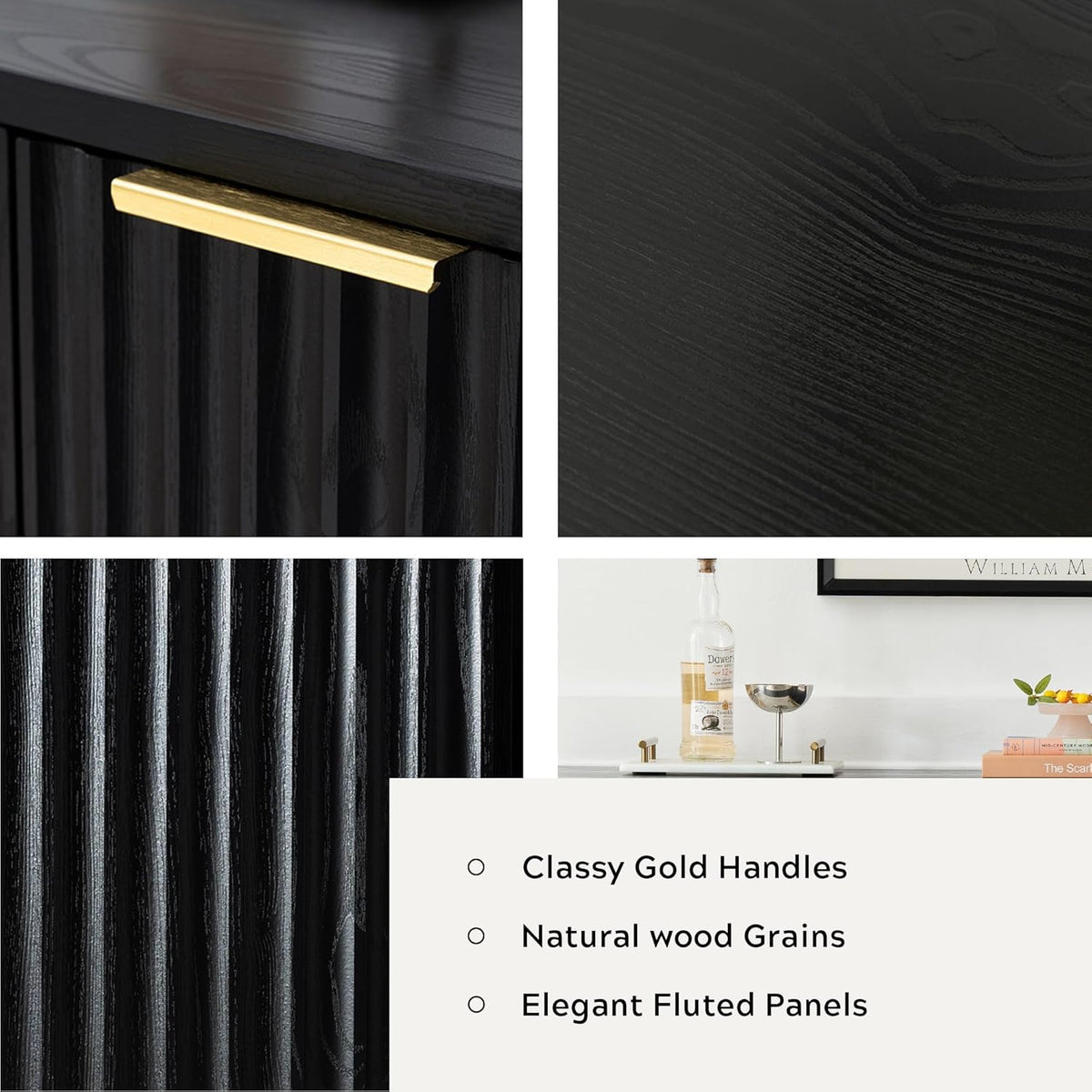 Fluted Storage Cabinet with 3 Doors, Sideboard Buffet Cabinets with Adjustable Shelves, Multifunctional Console Table with Storage Credenza for Living Room, Hallway, Black