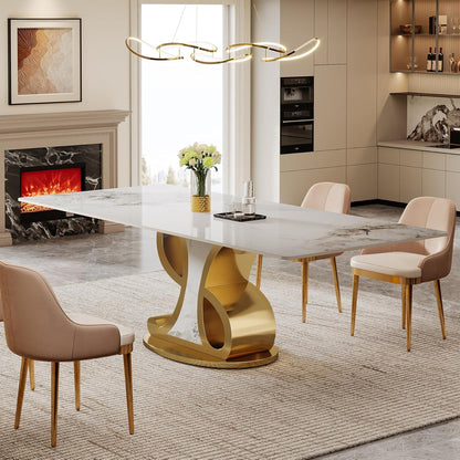 Tribesigns 78.74" Sintered Stone Dining Table for 8-10, Modern Luxury White & Gold Kitchen Table with Natural Tan Veining Tabletop & Stainless Steel Pedestal (Only Table)