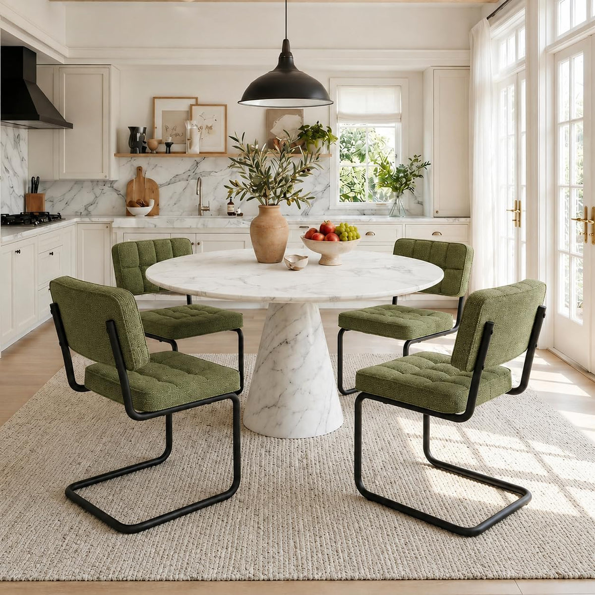 Mid-Century Modern Dining Chairs Set of 2 with Metal Legs, Green | Upholstered Chenille Cantilever Dining Chairs with Ergonomic Backrests, Armless Design, Padded Seats for Dining Room