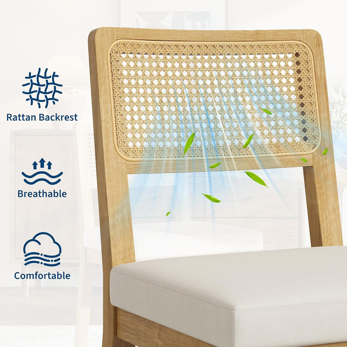 Garvee Rattan Dining Chairs Set of 2, French Country Upholstered Dining Chairs Wood Frame, Rattan Backrest, Armless Chair for Kitchen Restaurant Dining Room Bedroom, Linen, Natural