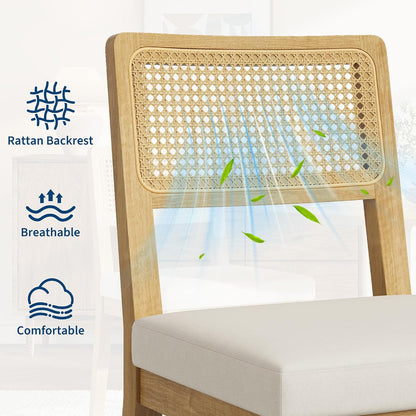 Garvee Rattan Dining Chairs Set of 4, French Country Upholstered Dining Chairs Wood Frame, Rattan Backrest, Armless Chair for Kitchen Restaurant Dining Room Bedroom, Linen, Natural