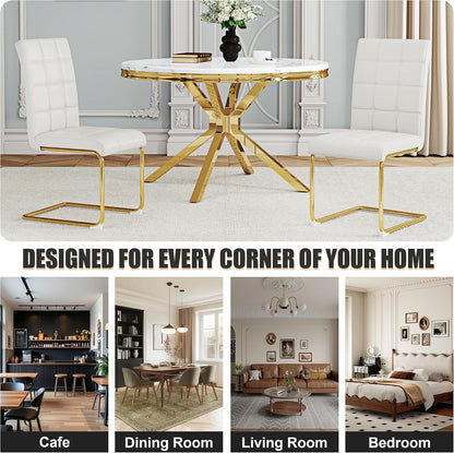 Modern Dining Chairs Set of 8, White PU Leather Chairs with Pull Ring Backrest and Gold Stainless Steel Legs, Easy-to-Assemble Kitchen Chairs for Dining Room, Living Room, or Bedroom