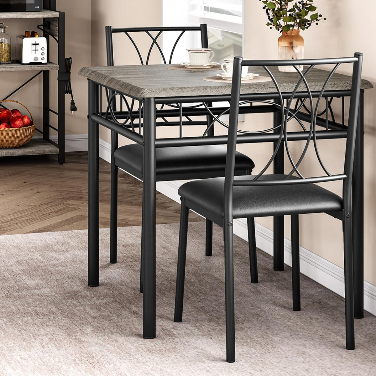 GarveeHome Small Dining Table Set for 2, Square Table and Chairs Set of 2, 3 Piece Kitchen Table Set of 2 with Upholstered Chairs, Dinner Table Set for 2 for Small Spaces, Apartment, Rustic Gray