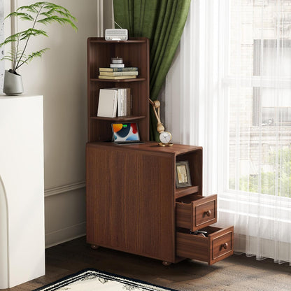 Walnut Corner Tables with Drawers & Open Shelves, Tall & Bedside Nightstands with Charging Station for Living Room & Bedroom