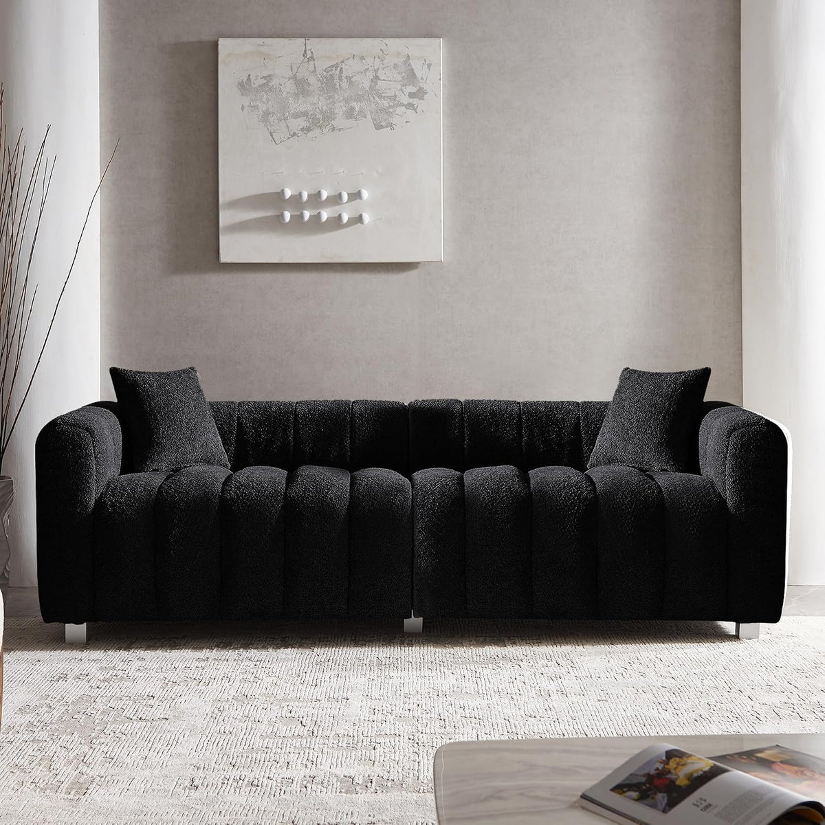 87.4" Modern 3 Seater Sofa Couch for Living Room, Mid Century Fluffy Couches with Solid Wood Frame and 6 Legs for Bedroom, Apartment, Weight Capacity 750 LBS (Black)