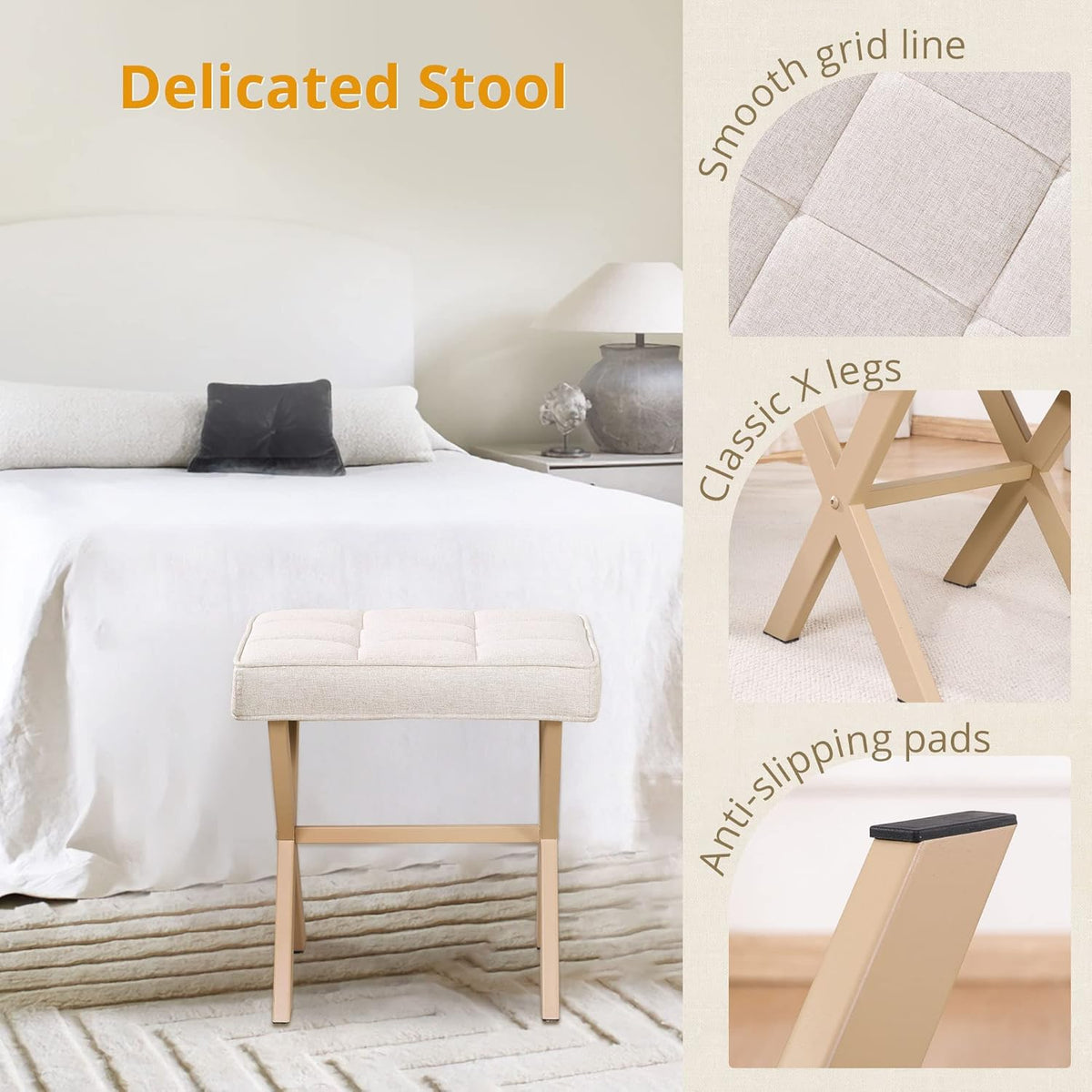 LUE BONA Square Linen Makeup Stool, Metal X Legs, Small Ottoman Stool Chair for Vanity, Modern Padded Seat Foot Rest for Makeup Room, Bathroom