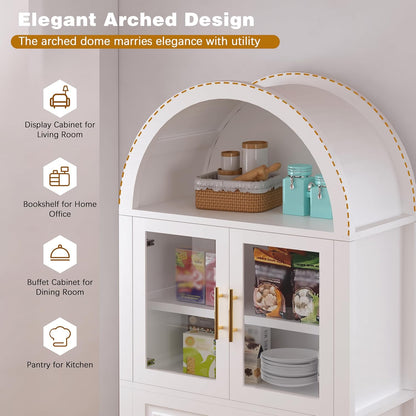 roomfitters 71" Tall Arched Farmhouse Pantry Cabinet with Glass Barn Doors & Pull-Out Drawer, White