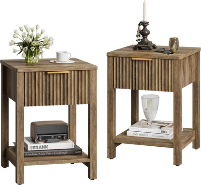 Fluted Nightstands Set of 2, Farmhouse Wood End Table with Drawer, Modern Beside Table with Open Storage Shelf, Small Side Table Organizer for Couch Bedroom Living Room(2, Brown) BNS102YW-2