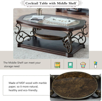 Henf 3 Piece Living Room Table Set, Retro Brown Coffee Table with 2 End Table, Coffee Table Set with Glass Top and Metal Frame for Home Office