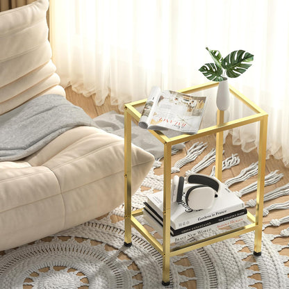 Glass Side Table, Tempered Glass End Table, 2-Tier Nightstands with Open Shelves, Small Coffee Table with Modern Style, Accent Table Small Table Sofa Table for Living Room, Bedroom,Gold