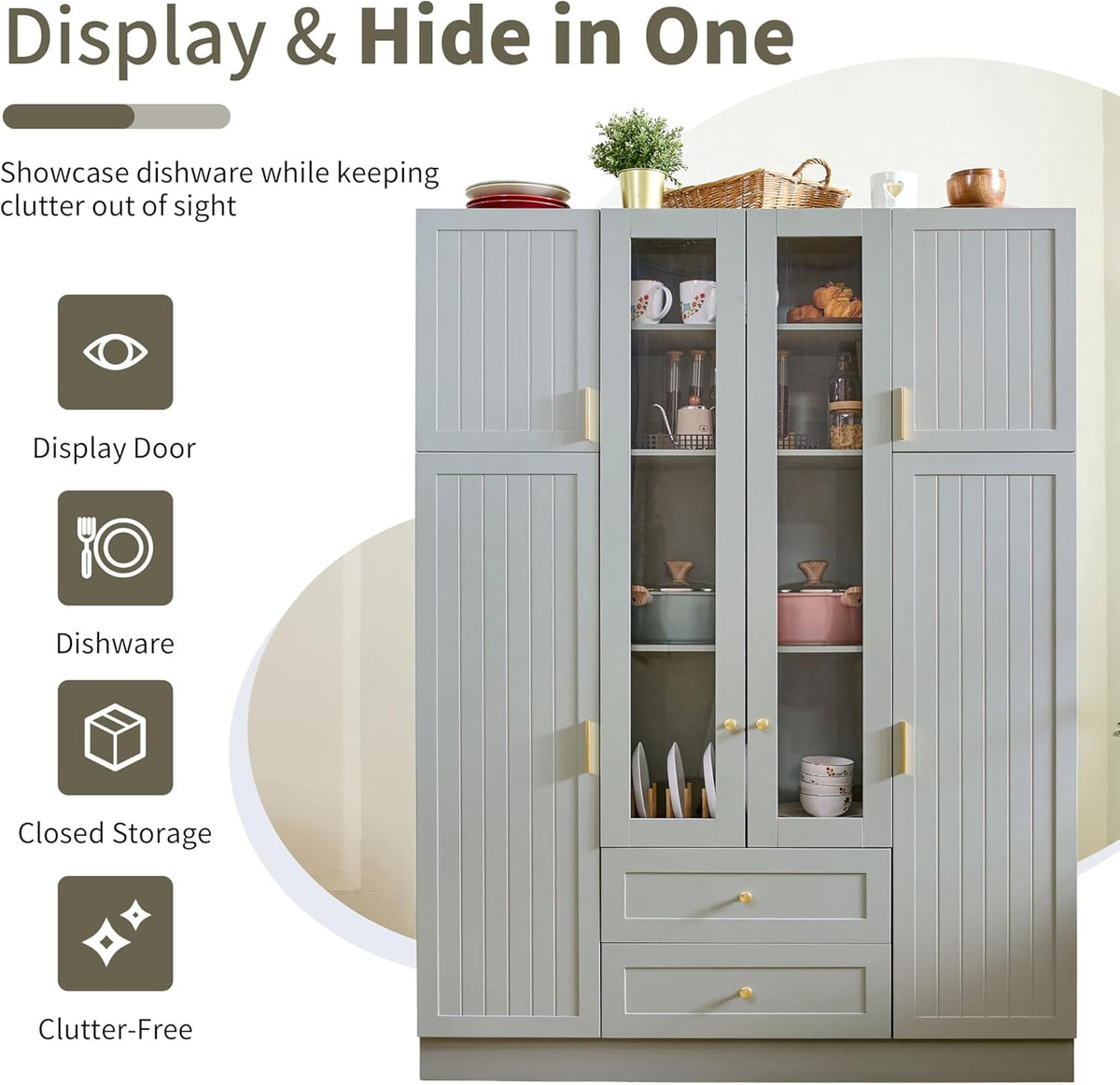 Large Kitchen Pantry Cabinet with 6 Doors and Drawers, Storage Cabinet Cupboard with Adjustable Shelves, Pull-Out Trays and Wine Rack for Dining Room, Kitchen (Green)