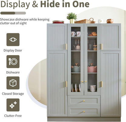 Modern Large Kitchen Pantry with 6 Doors,Storage Cupboard with Drawers, Adjustable Shelves,Pull-Out Trays and Wine Rack for Dining Room (Gray/KP)