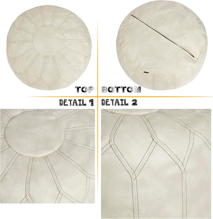 Thgonwid Unstuffed Moroccan Faux Leather Pouf Ottoman Cover with Storage - Boho Chic Multi-Use Footrest for Living Room, Bedroom, Patio - Round Ethnic Floor Cushion & Decorative Accent, Ivory