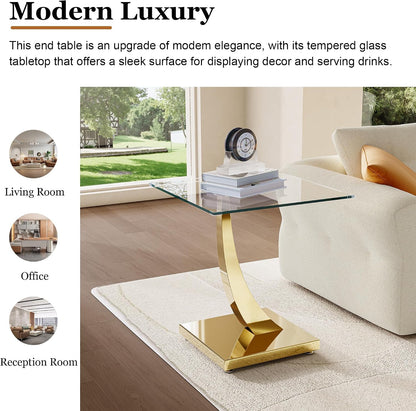 23" Glass End Table, Modern Square Side Table with Tempered Glass Top and Gold Horn-Shaped Stainless Steel Base for Apartment, Office