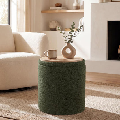 Joveco 14.5" Small Ottoman with Storage, Teddy Velvet Foot Rest Stool with Reversible Wood Tray Lid, Round Storage Ottoman Coffee Table, Vanity Stool for Living Room, Olive Green