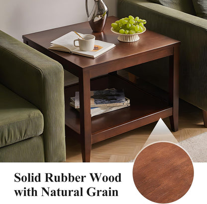 Side Table, Solid Wood Square End Table with Storage Shelf, 2-Tier Coffee Table for Living Room, Rubber Wood Small Sofa Table, Nightstand 23.62 H x 23.62 W x 23.62 D Inches (Walnut)