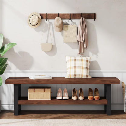 47" Solid Wood Entryway Bench with Shoe Storage, 2-Tier Modern Farmhouse Hallway Bench with Open Shelf for Bedroom, Dining Room, Mudroom, Easy Assembly, Dark Walnut & Black