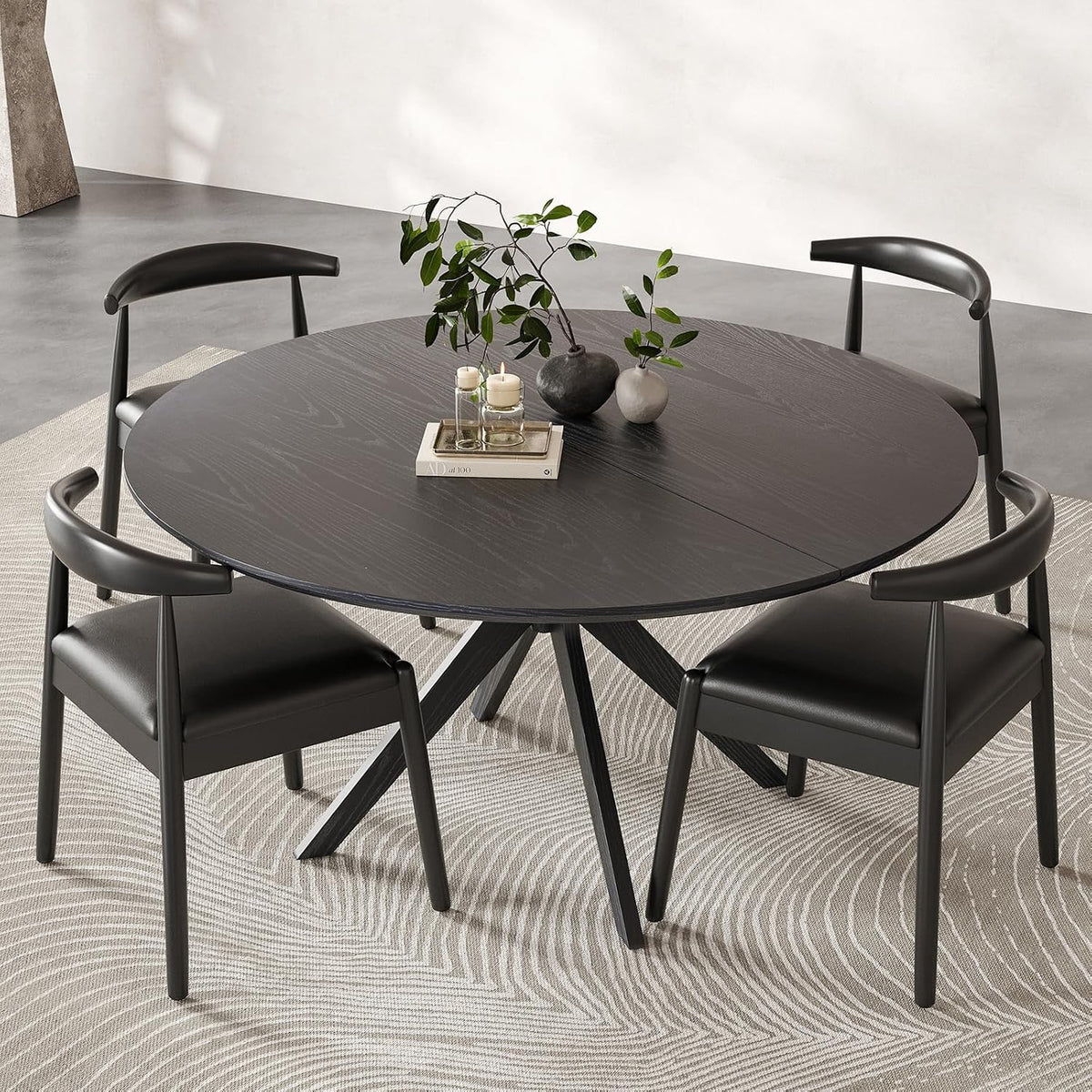 Round Dining Table 47 in for 4 to 6 People, Solid Wood Kitchen Table with Intersecting Pedestal Base and Floor Protection, Modern Round Dining Room Table for Apartment or Nook, Black