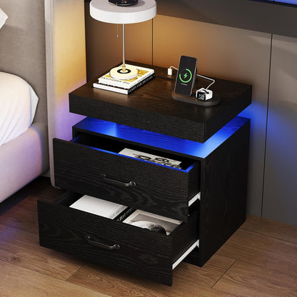 Black Nightstand with Charging Station, Modern Night Stand with LED Lights, End Table Bedside Table with 2 Drawers for Bedroom, Living Room