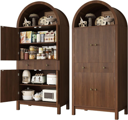 Apicizon 70" Tall Arched Kitchen Pantry Cabinet, 6-Tier Modern Fluted Wood Storage Cabinet with Doors Drawer & Adjustable Shelves, Farmhouse Cupboard Organizer for Dining Room, Bathroom, Walnut