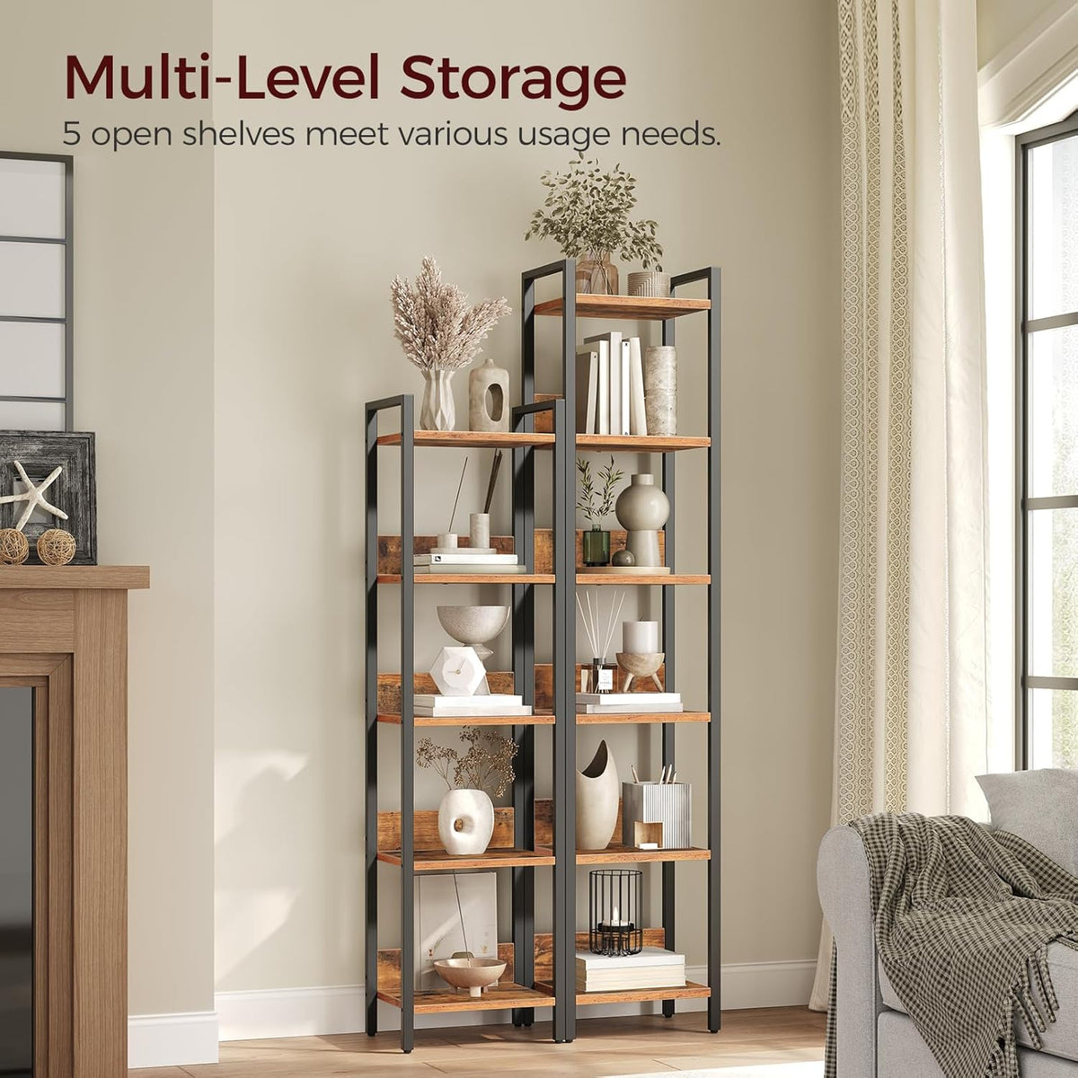 MAHANCRIS Bookshelf, 5-Tier Bookcase, Standing Book Shelf for Small Space, Storage Shelf Organizer, for Living Room, Bedroom, Study, Balcony, Rustic Brown and Black BKHR5501